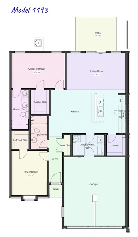 Floor plan for 2 beds, 2 baths, 1193 sqft